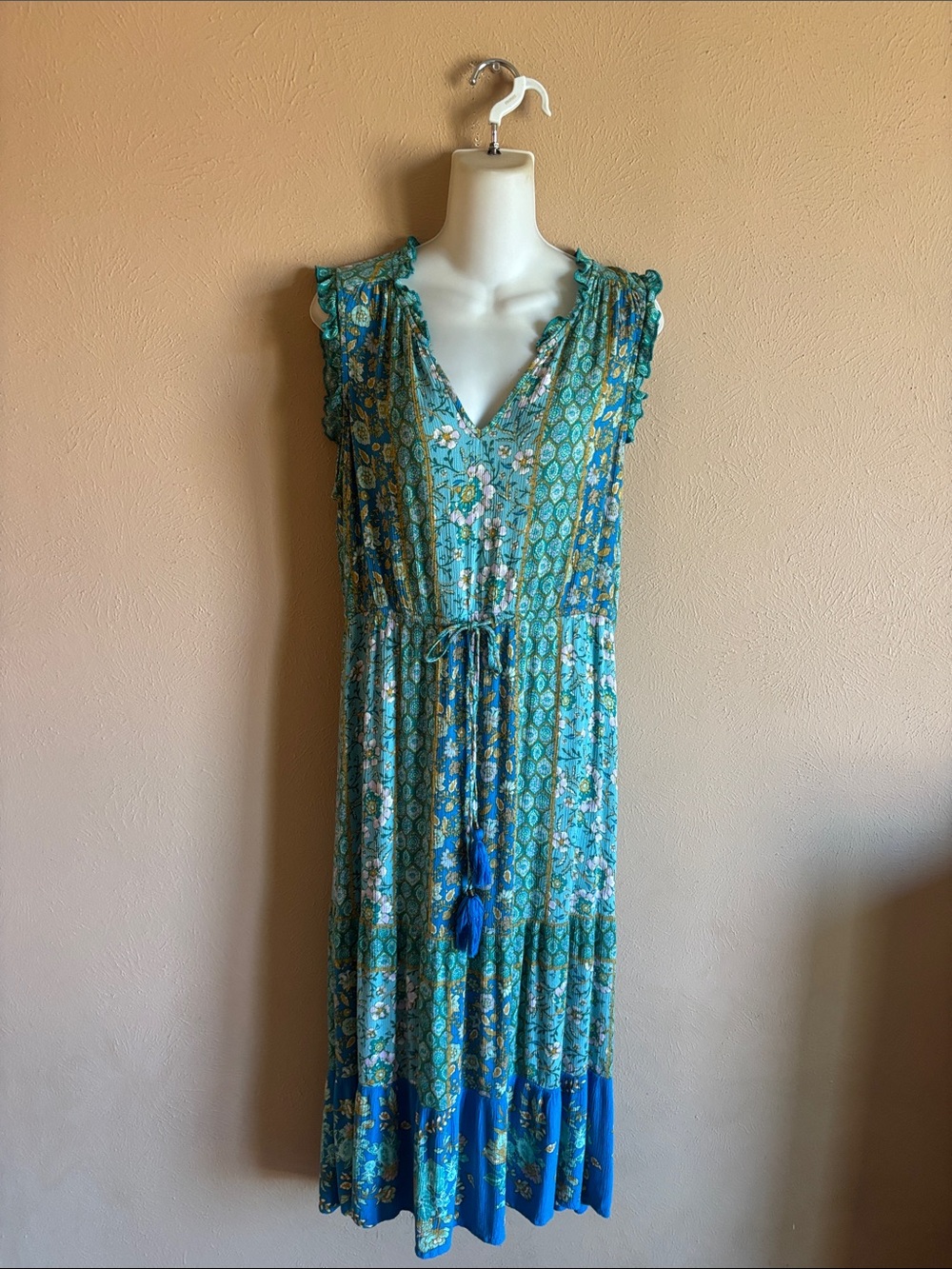 Knox Rose Sleeveless Teal Floral V-Neck Midi Dress L